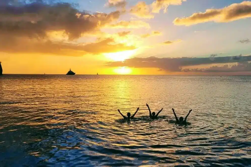 Ein leuchtender Sonnenuntergang über einem ruhigen Ozean, mit den Silhouetten eines Schiffs in der Ferne und aus dem Wasser ragenden Ästen, unter einem hellen Himmel mit vereinzelten Wolken während eines Segeltörns. So sieht ein Winter in der Karibik aus.