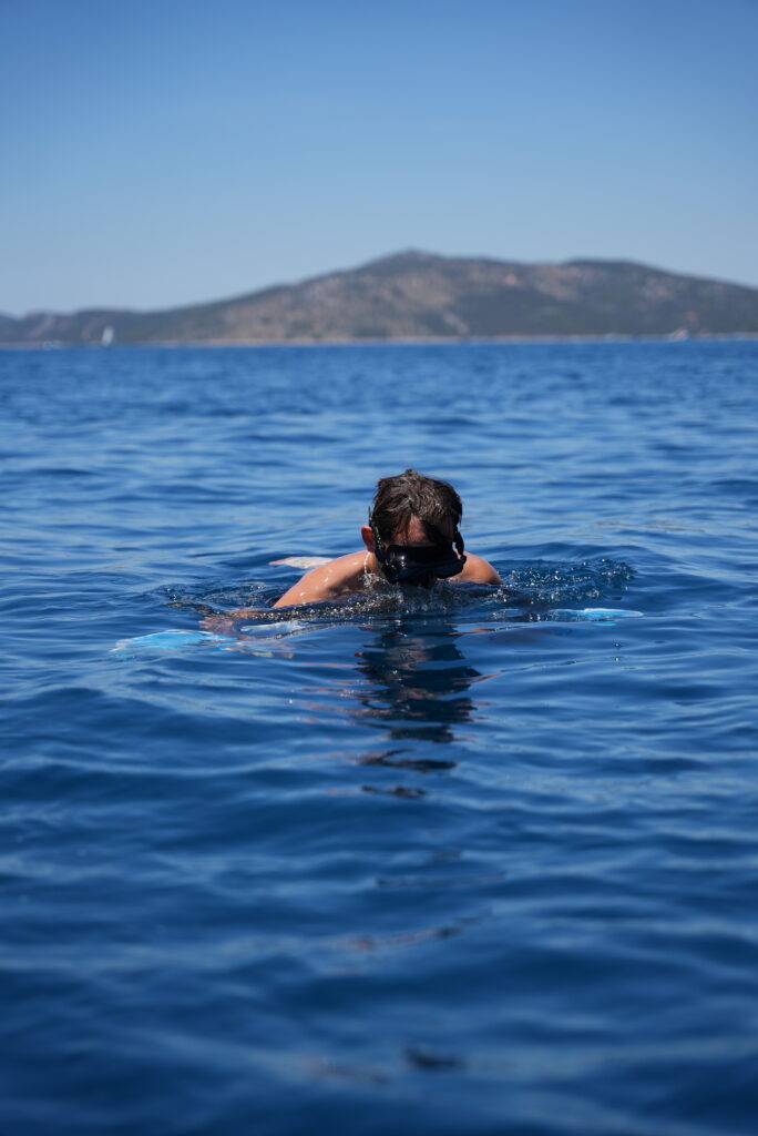 Eine Person schwimmt in einem weiten, klaren, blauen Meer und ragt mit dem Kopf über dem Wasser. Sie trägt eine Schwimmbrille und scheint nach unten zu blicken. In der Ferne deutet eine bergige Insel unter einem klaren, blauen Himmel auf ein abenteuerliches Mitsegeln-Kroatien-Erlebnis hin.
