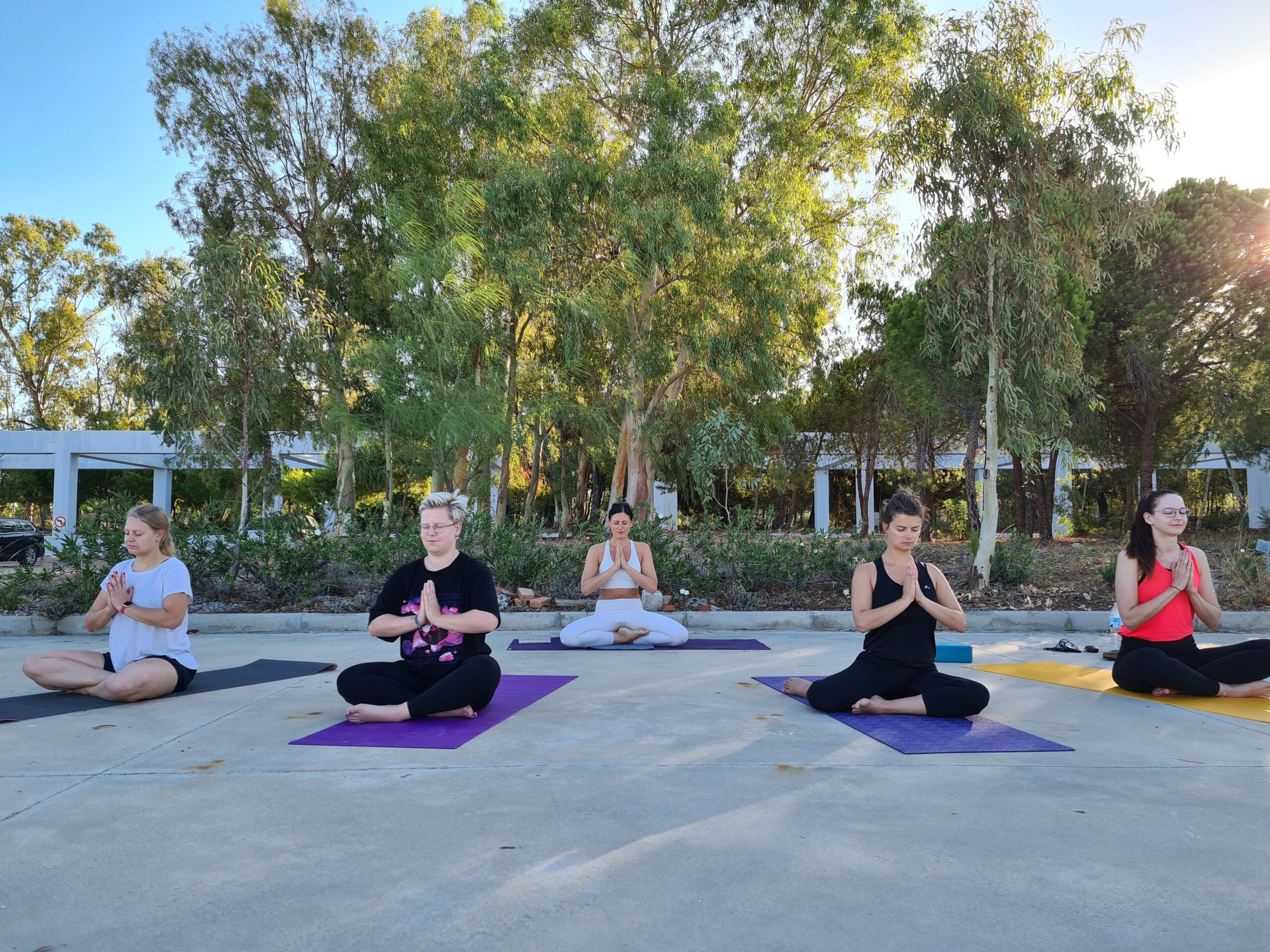 Eine Gruppe von fünf Personen sitzt auf Yogamatten im Freien, umgeben von Bäumen. Sie sitzen alle im Schneidersitz und haben ihre Hände in einer Gebetshaltung. Sie wirken ruhig und konzentriert, so wie bei einem Skippertraining im Mittelmeer. Der Himmel ist klar, was auf angenehmes Wetter schließen lässt.