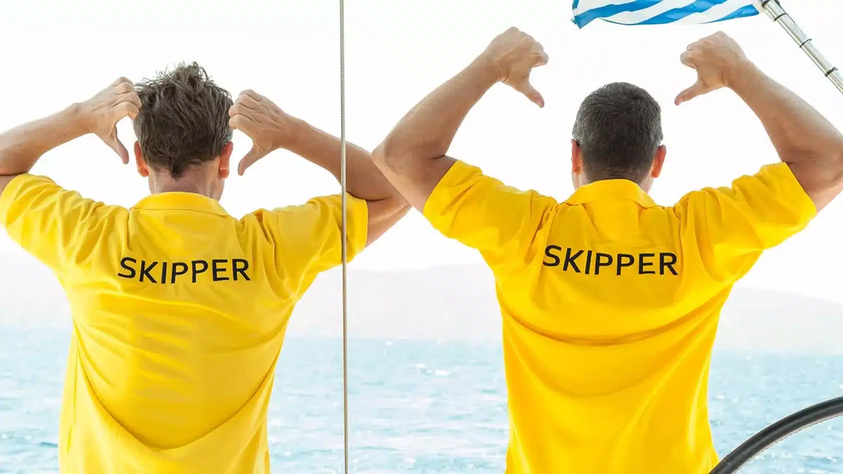 Zwei Männer in gelben Hemden mit der Aufschrift 