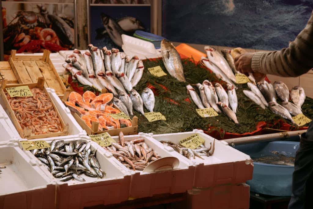 Vibrant seafood display at a market in Istanbul, showcasing various fresh fish and shrimp.Kulinarische Höhepunkte bei Hafenstopps an der Ostsee