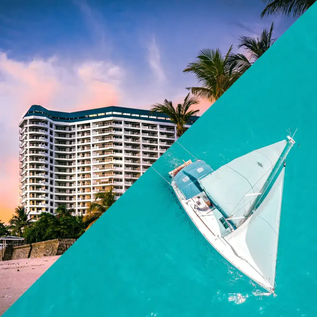 Ein geteiltes Bild, das links ein modernes Hochhaus vor einem Sonnenuntergangshimmel und rechts eine Nahaufnahme einer weißen Segelyacht auf türkisfarbenem Wasser zeigt.